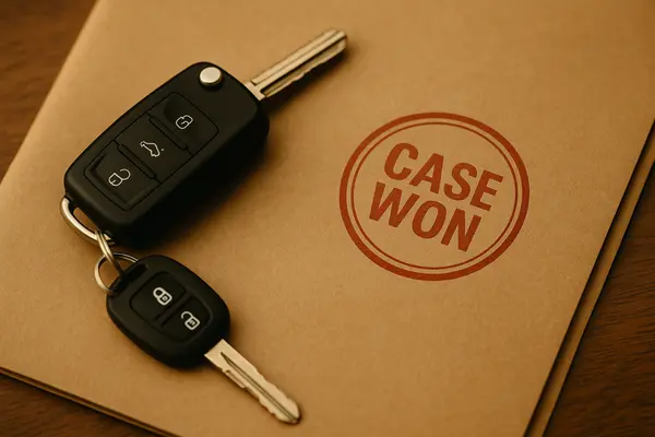 a key set on top of a folder that says case won from Lemon Law Attorney San Antonio in Fredericksburg, TX - Fredericksburg TX