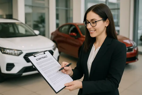 a woman representative holding a contract at a car dealership from Lemon Law Attorney San Antonio in San Antonio, TX - Lawyer near me