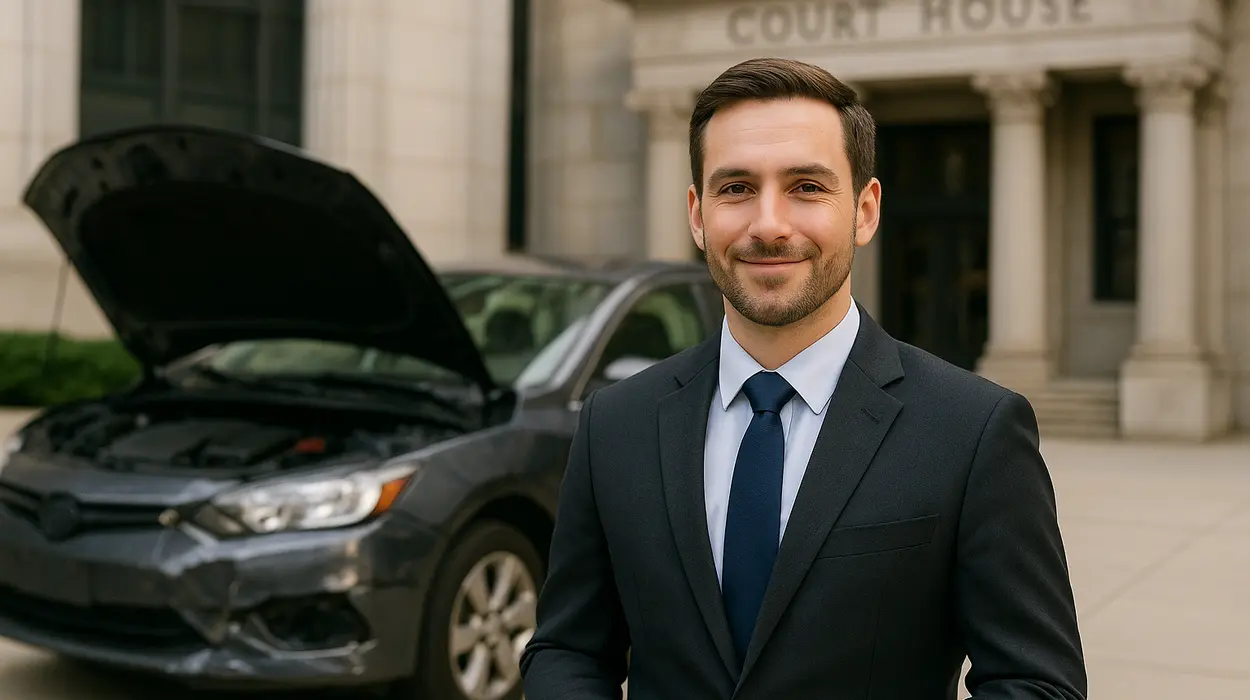 a male lawyer smiling at the camera with a lemon car in the background from Lemon Law Attorney San Antonio in San Antonio, TX - lemon law claim process