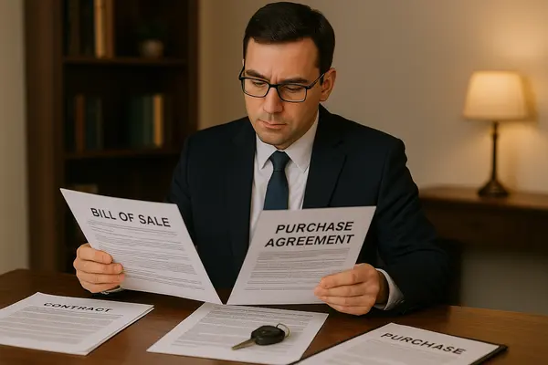 a lemon law lawyer in his office reading a bill of sales and purchase agreement from Lemon Law Attorney San Antonio in San Antonio, TX - lemon law claim process