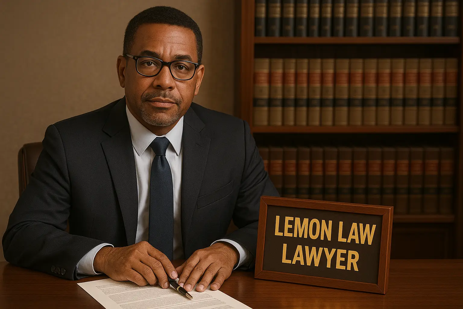 a lawyer seating at his desk with a sign next to him that says lemon law from Lemon Law Attorney San Antonio in San Antonio, TX - lemon law rules a lawyer seating at his desk with a sign next to him that says lemon law from Lemon Law Attorney San Antonio in San Antonio, TX - lemon law rules