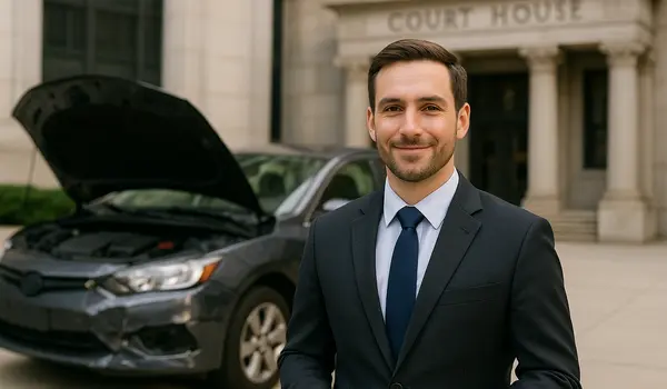 a male lawyer smiling at the camera with a lemon car in the background from Lemon Law Attorney San Antonio in New Braunfels, TX - New Braunfels TX