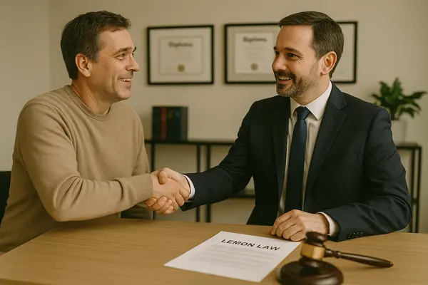 a lemon law lawyer shaking hands with a customer in his office from Lemon Law Attorney San Antonio in New Braunfels, TX - New Braunfels TX