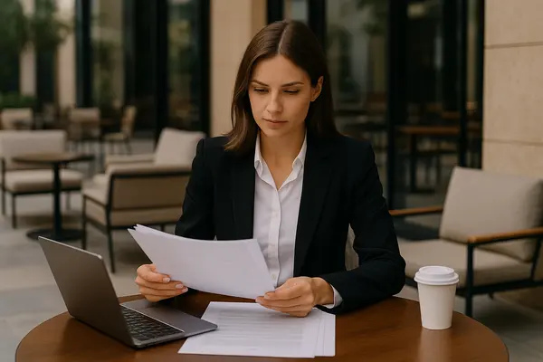 a female lawyer reading a document outside of a coffee place from Lemon Law Attorney San Antonio in San Antonio, TX - nissan lemon law a female lawyer reading a document outside of a coffee place from Lemon Law Attorney San Antonio in San Antonio, TX - nissan lemon law