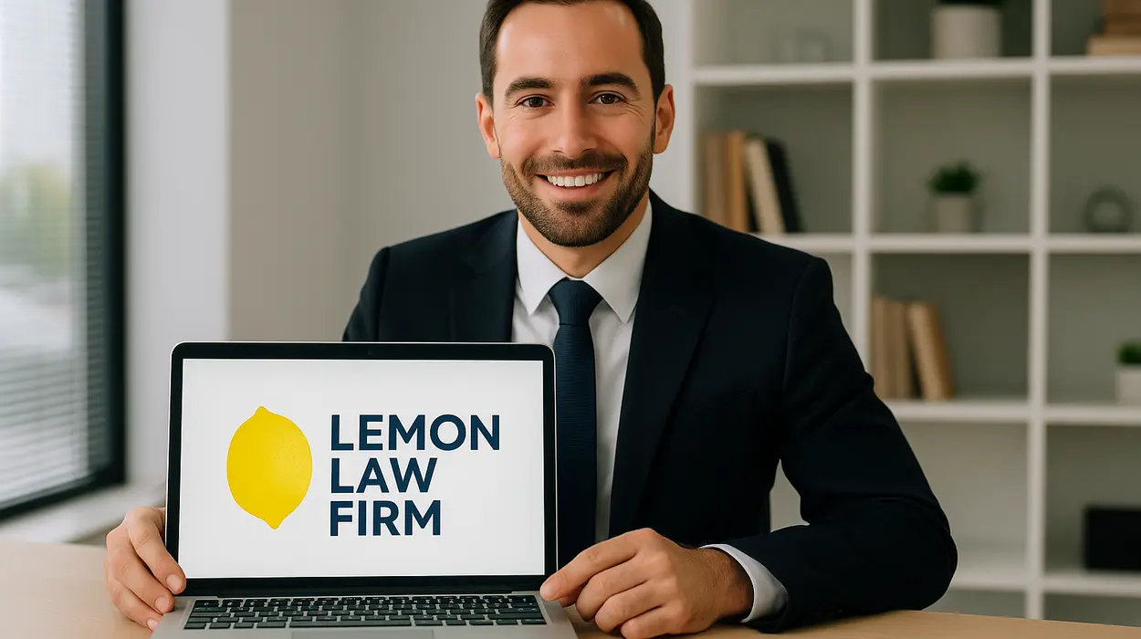 a lwayer in his office showing a laptop screen that says lemon law firm from Lemon Law Attorney San Antonio in Schertz, TX - Schertz TX