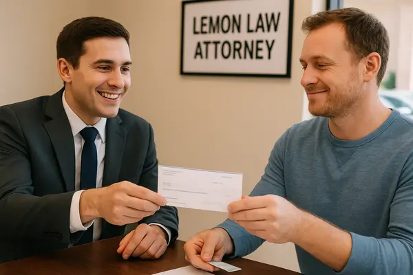 a lemon law lawyer handing a check to his customer after winning his case from Lemon Law Attorney San Antonio in San Antonio, TX - what is a lemon car a lemon law lawyer handing a check to his customer after winning his case from Lemon Law Attorney San Antonio in San Antonio, TX - what is a lemon car